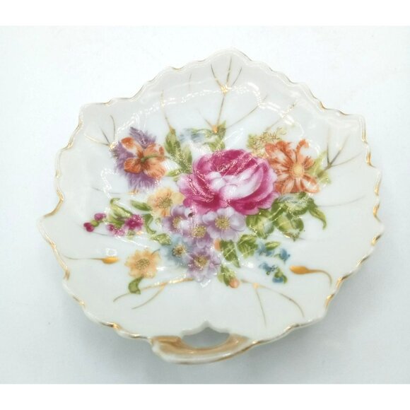 Trinket Tray Floral Leaf-Shaped Porcelain Dish Nasco Gold Trim Vintage 4" Japan - Picture 11 of 11